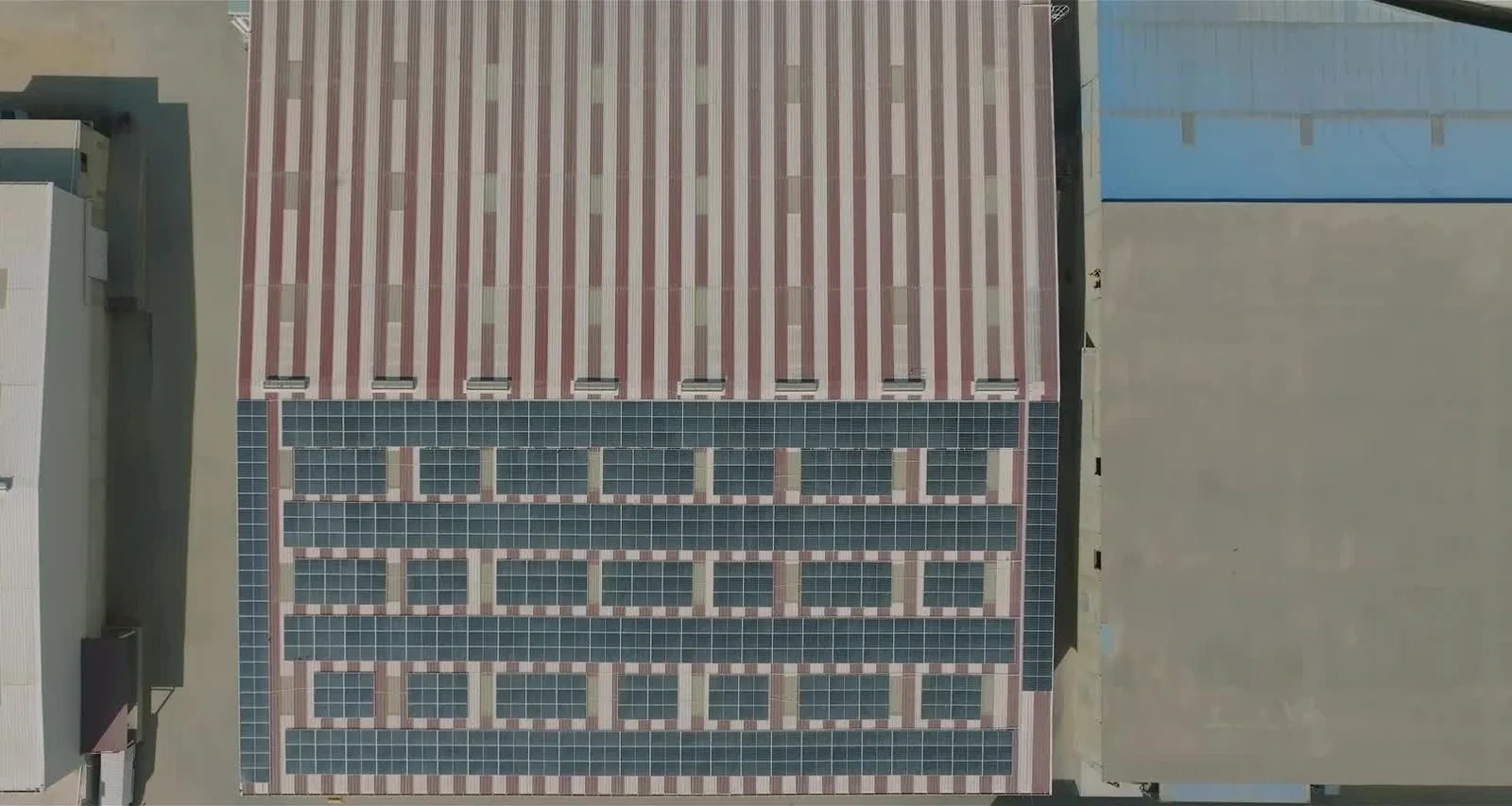 An aerial view of the rooftop solar array at Printech Packages
