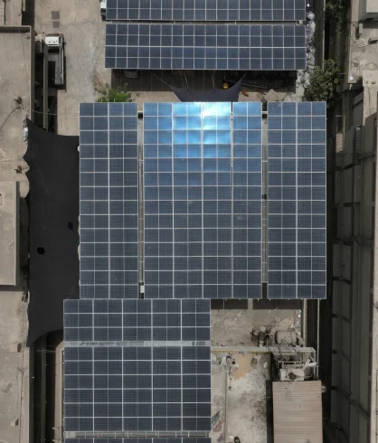 Overhead view of the solar array covering the Ahmed Textile rooftop